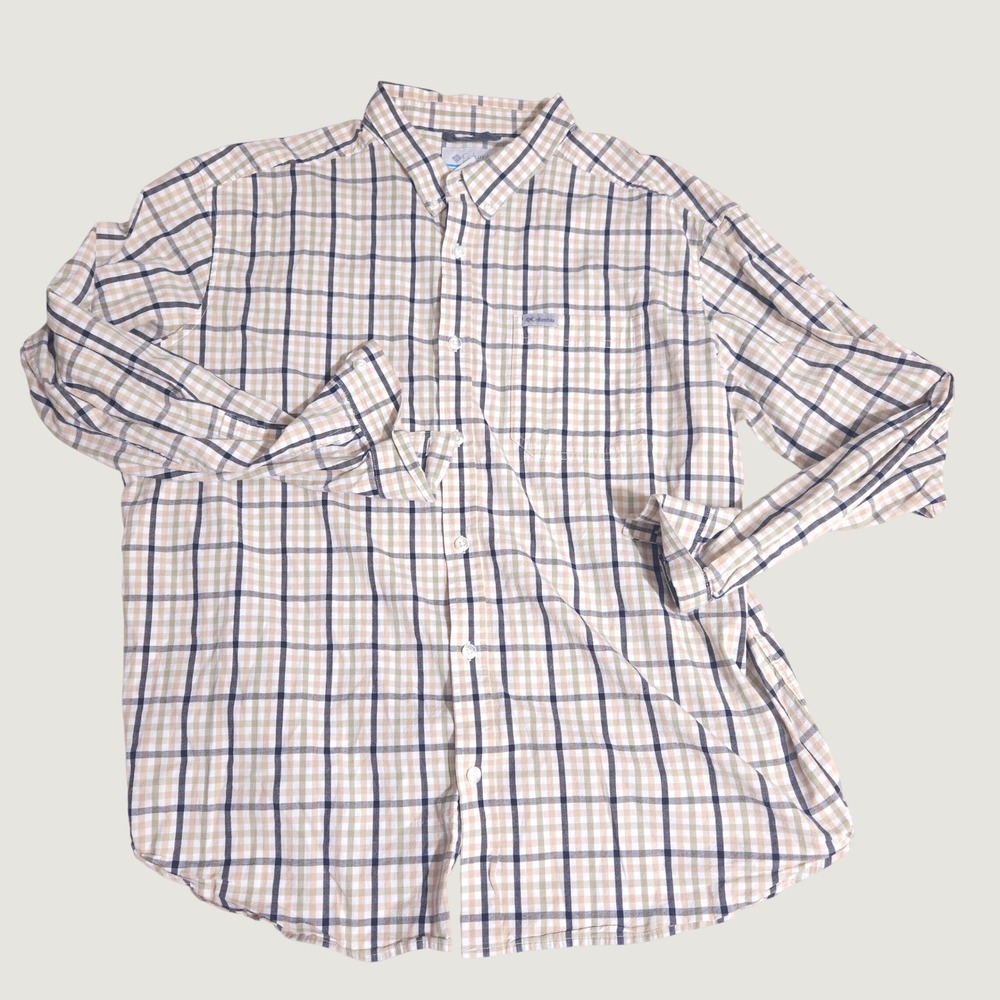 Columbia Sportswear Mens XXL Plaid Long Sleeve Button Down Shirt Tan Navy Blue